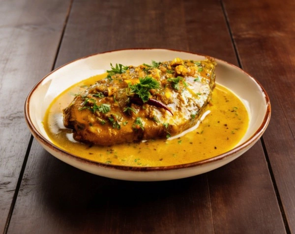 Cazuela de mariscos con leche de coco y tostada de plátano